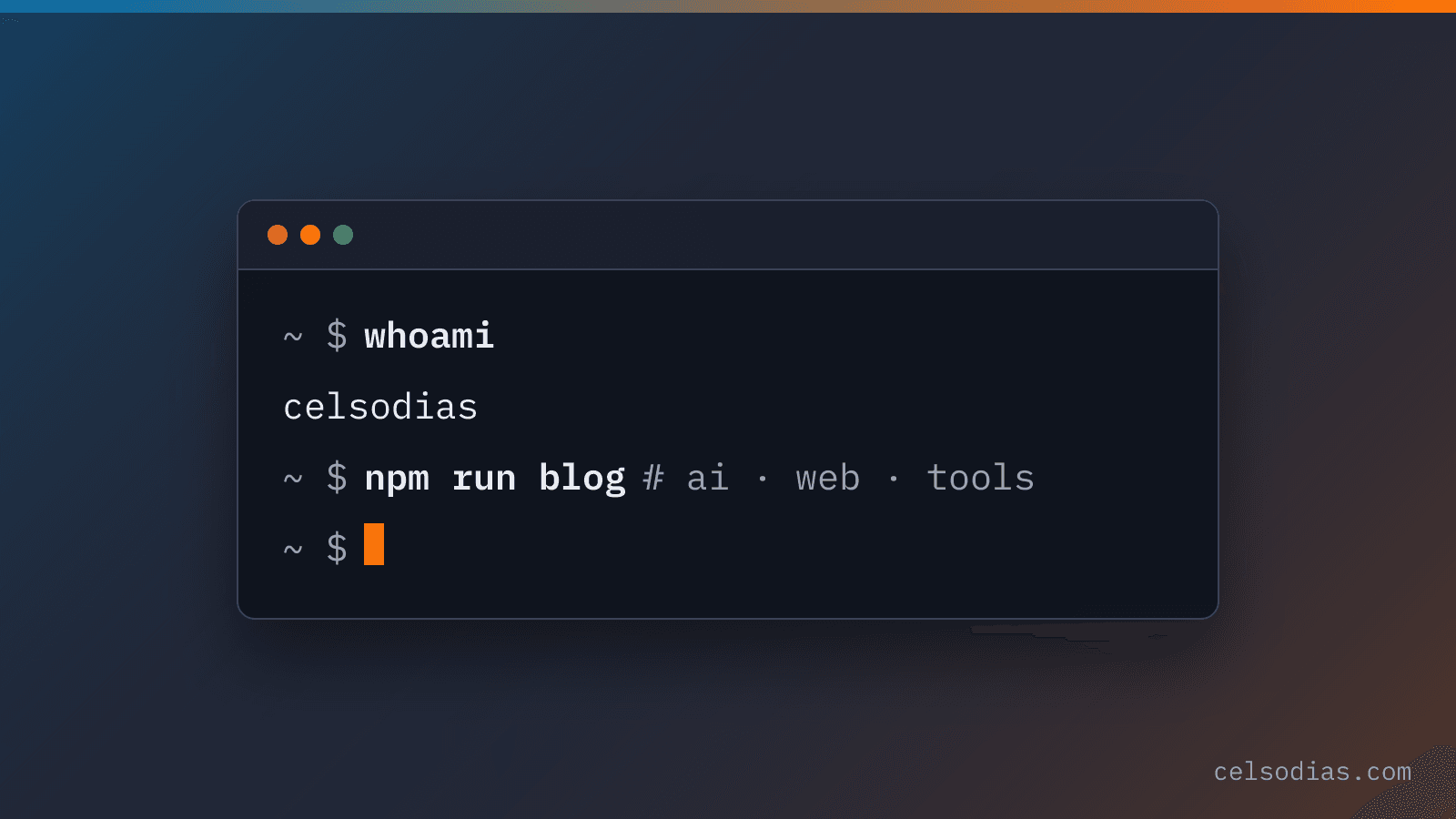 Janela de terminal com o comando whoami respondendo celsodias, sobre fundo azul-escuro com degradê laranja